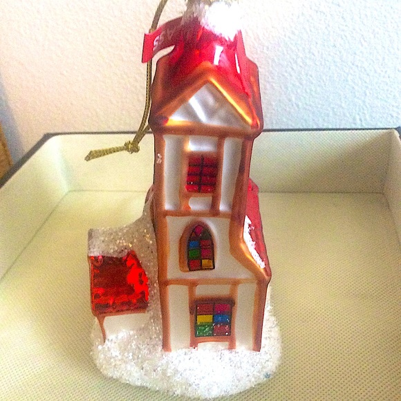 Church W/clock steeple blown glass ornament Stainglass windows Freestanding - Picture 3 of 4